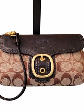 Coach Brown Signature Canvas Wristlet with Black Leather Trim Brass Hardware Exc